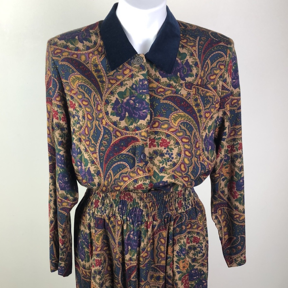 J. Christopher Velvet Collar Blouse & Smocked Midi Skirt Set
